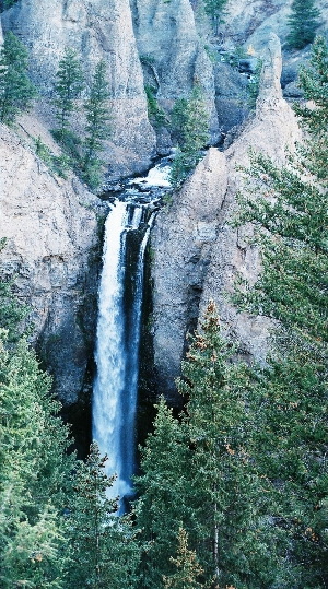 [Two photos stitched together vertically to capture the entire falls and some of the water upstream of the falls.]